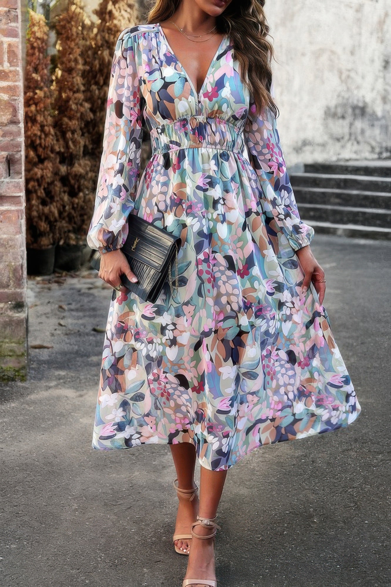 Boho V Neck A Line High Waist Long Sleeve Dress - Flip Flop Dynasty