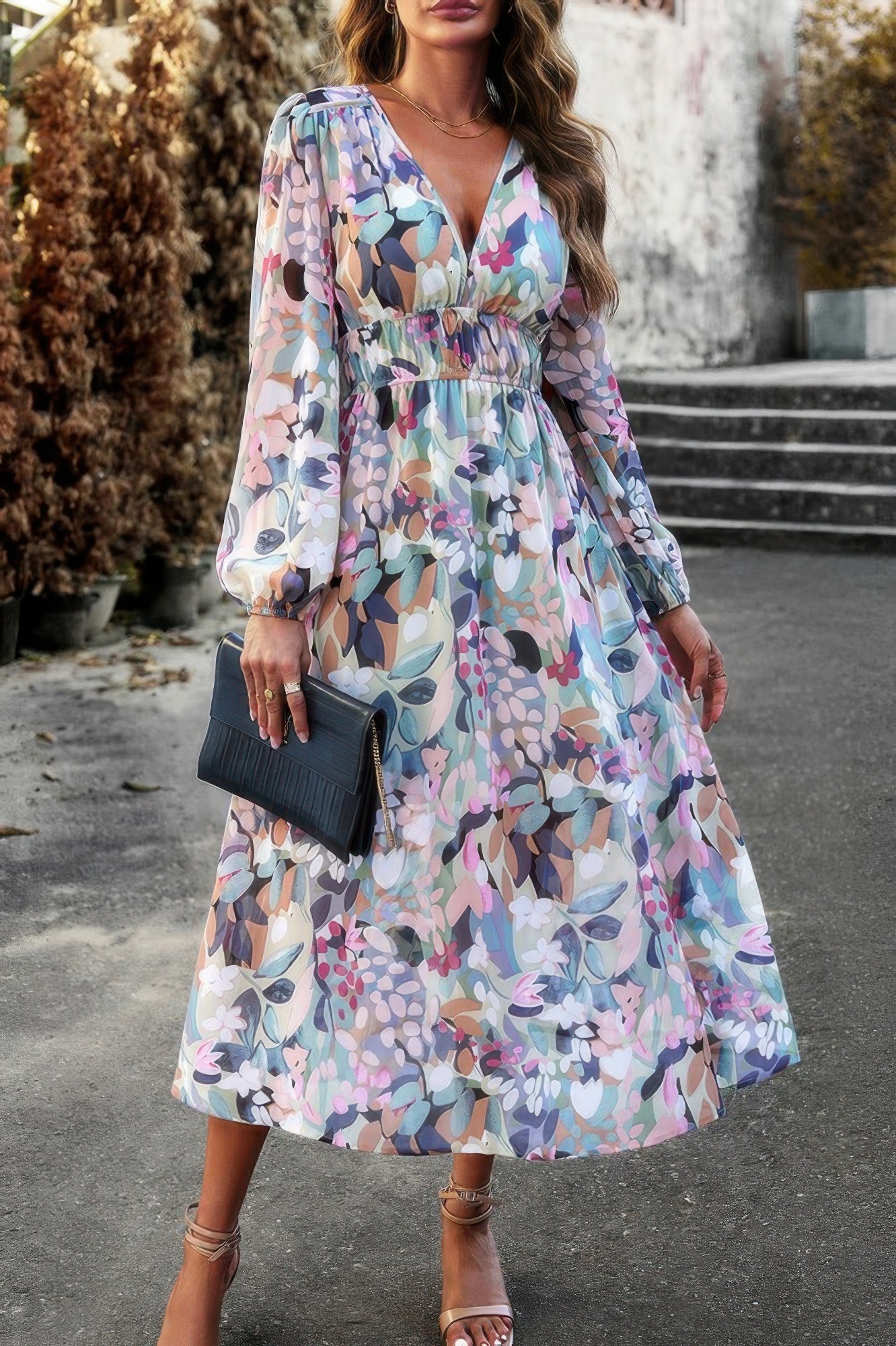 Boho V Neck A Line High Waist Long Sleeve Dress - Flip Flop Dynasty