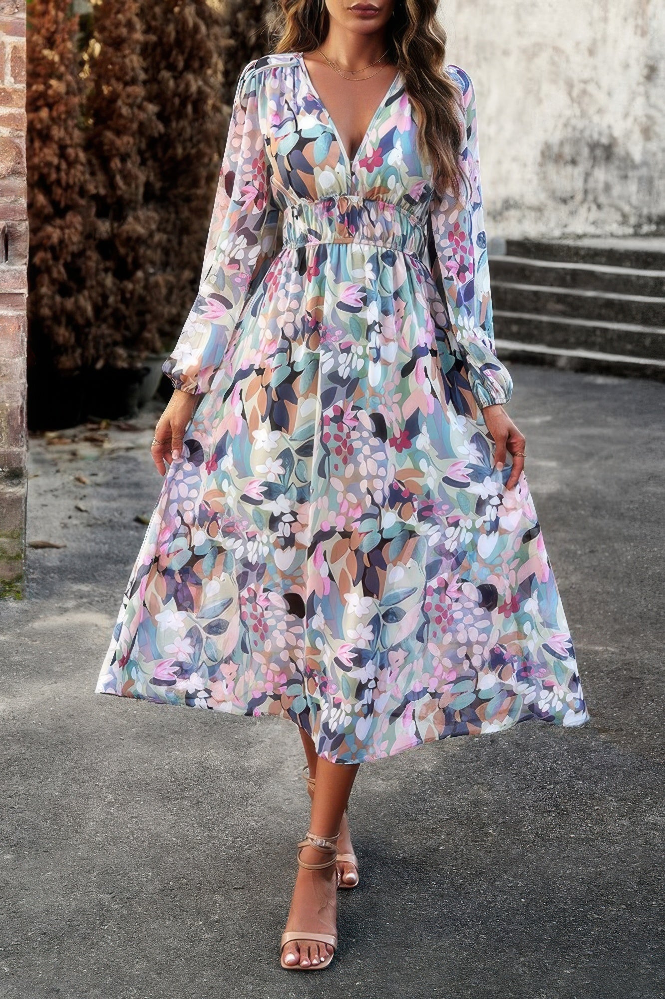 Boho V Neck A Line High Waist Long Sleeve Dress - Flip Flop Dynasty