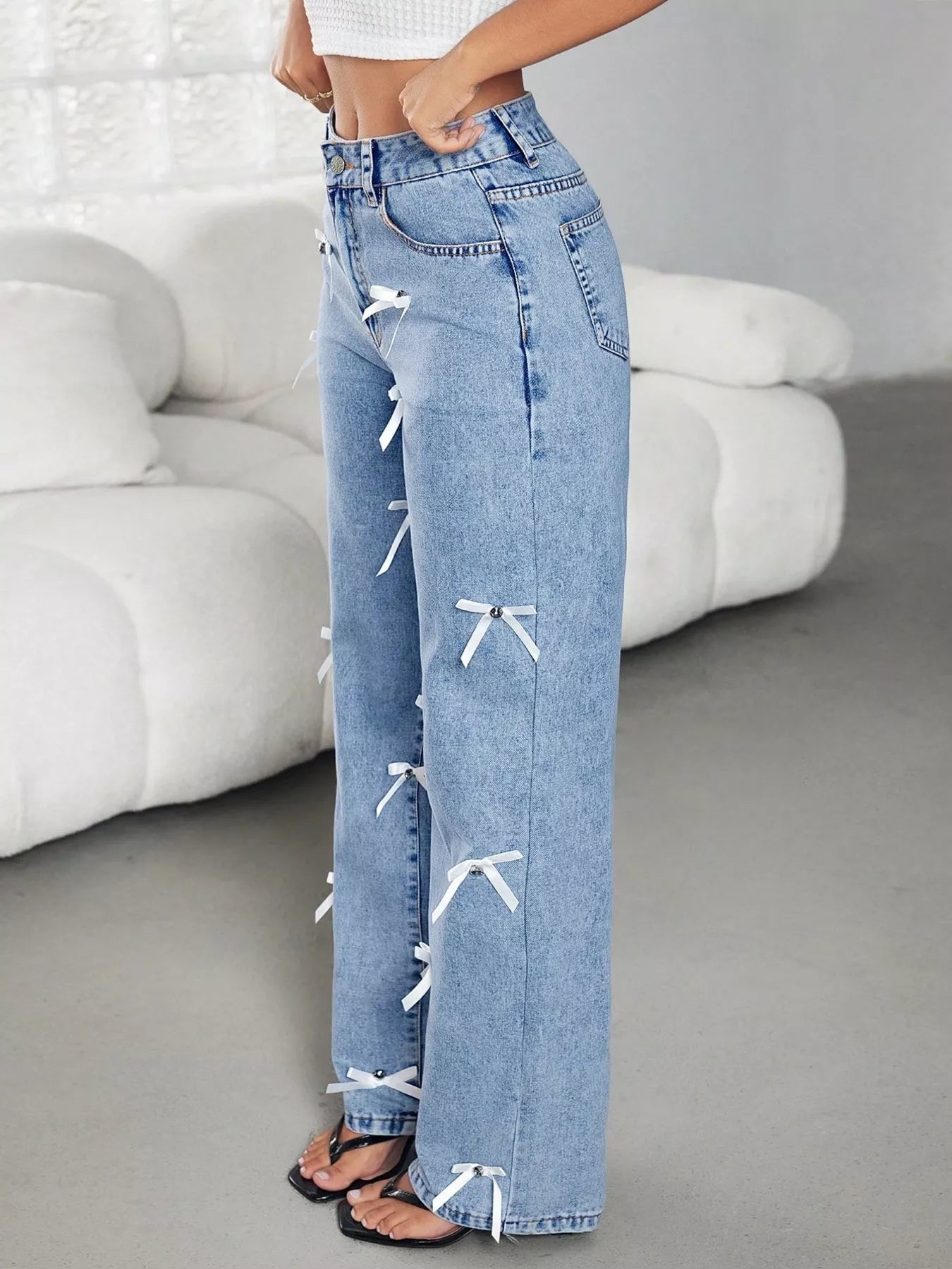 Bow Decor High Waist Wide Leg Jeans - Flip Flop Dynasty