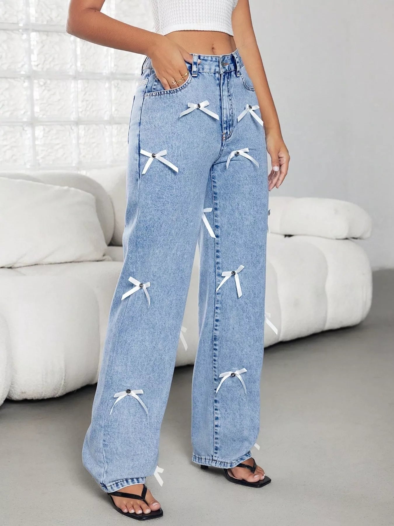 Bow Decor High Waist Wide Leg Jeans - Flip Flop Dynasty