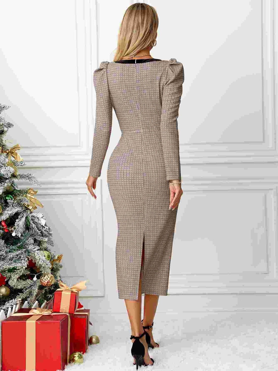 Bow Plaid Square Neck Puff Sleeve Dress - Flip Flop Dynasty