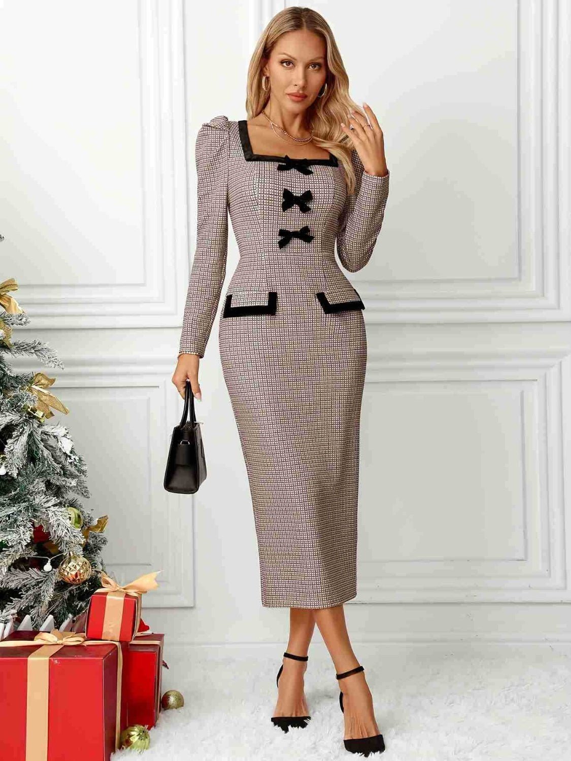 Bow Plaid Square Neck Puff Sleeve Dress - Flip Flop Dynasty