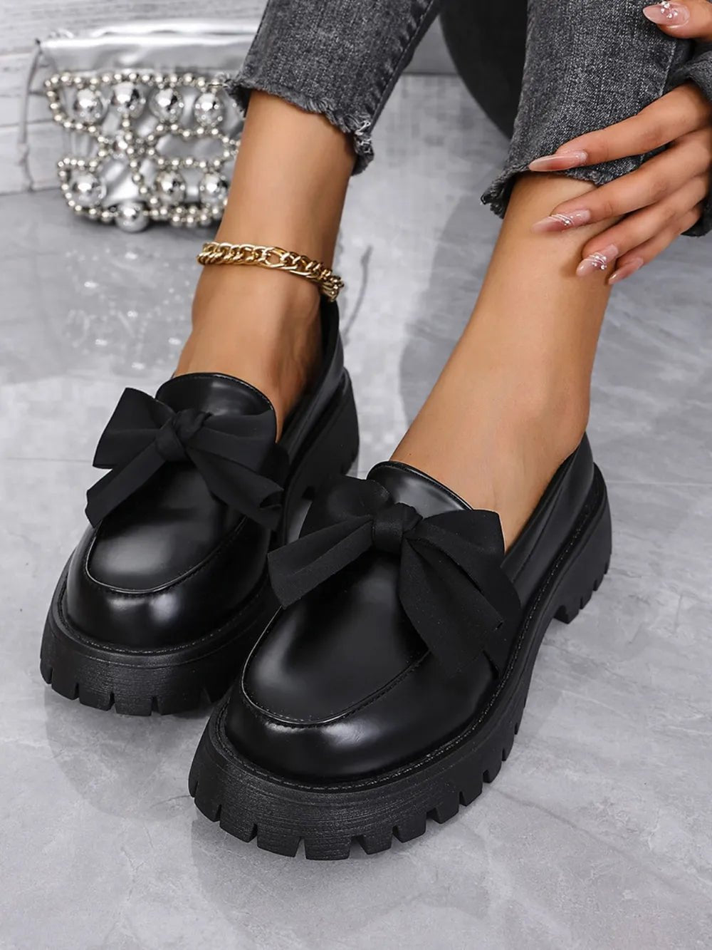 Bow PU Leather Round Toe Loafers - Flip Flop Dynasty
