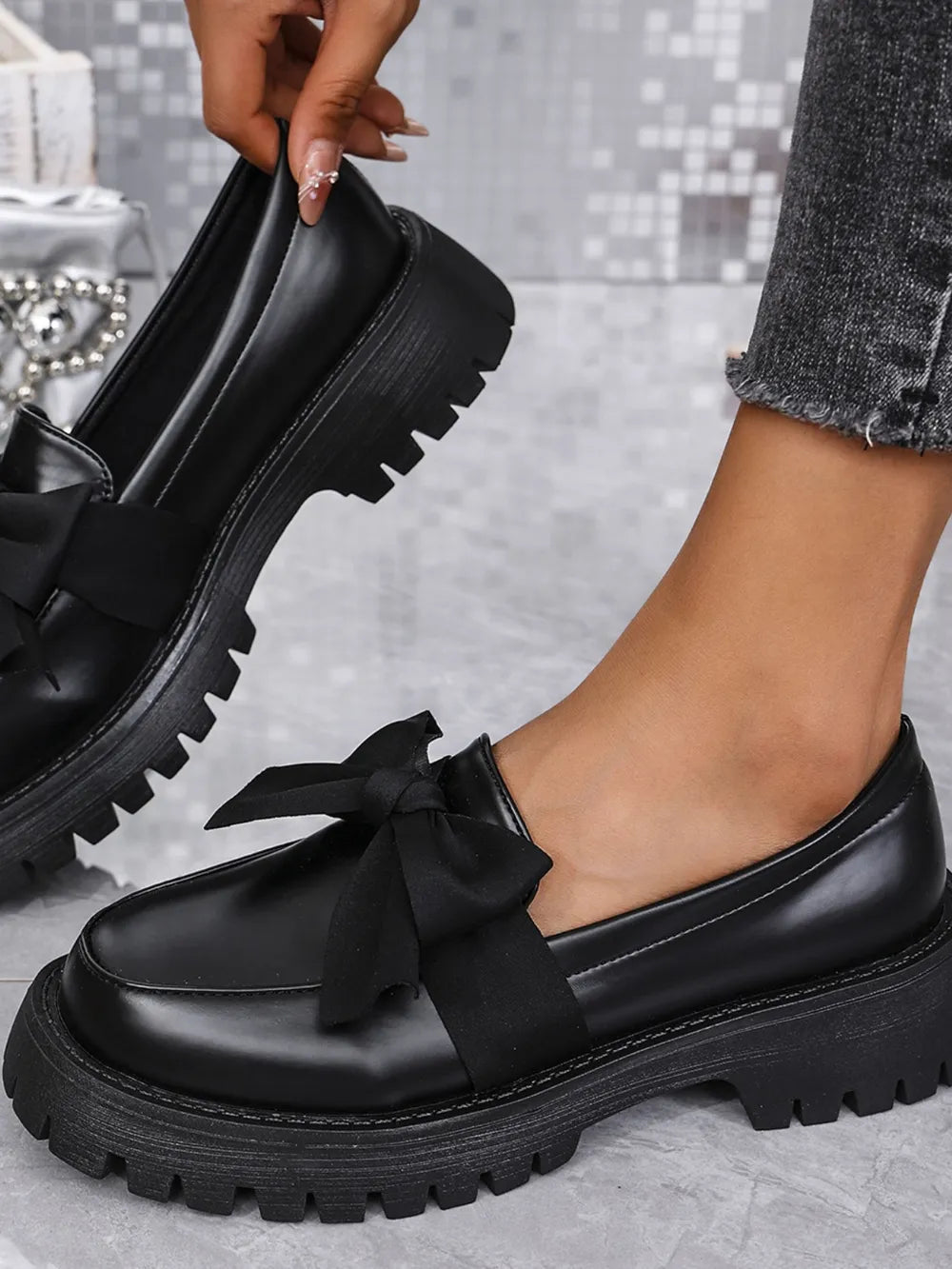 Bow PU Leather Round Toe Loafers - Flip Flop Dynasty