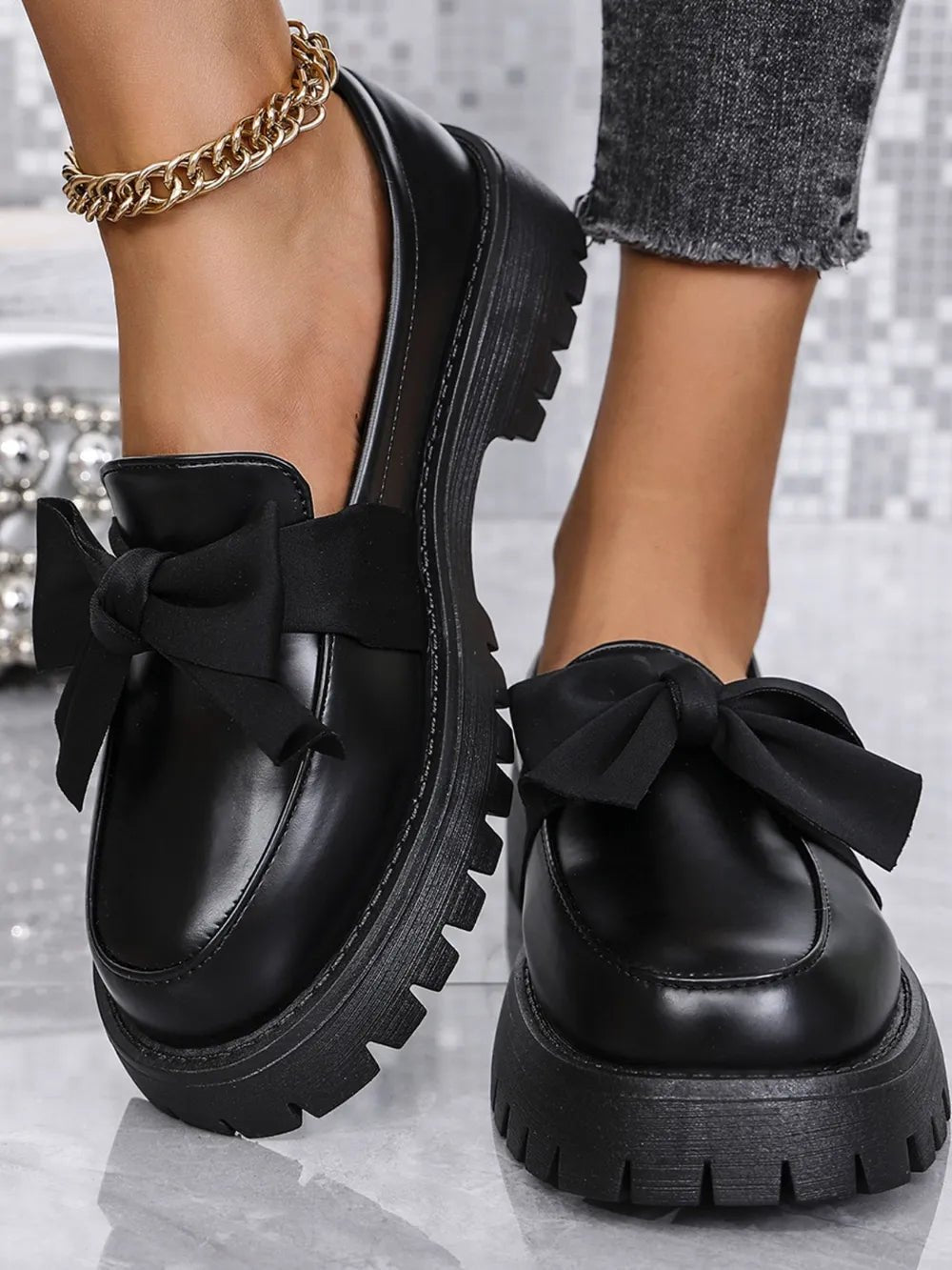 Bow PU Leather Round Toe Loafers - Flip Flop Dynasty