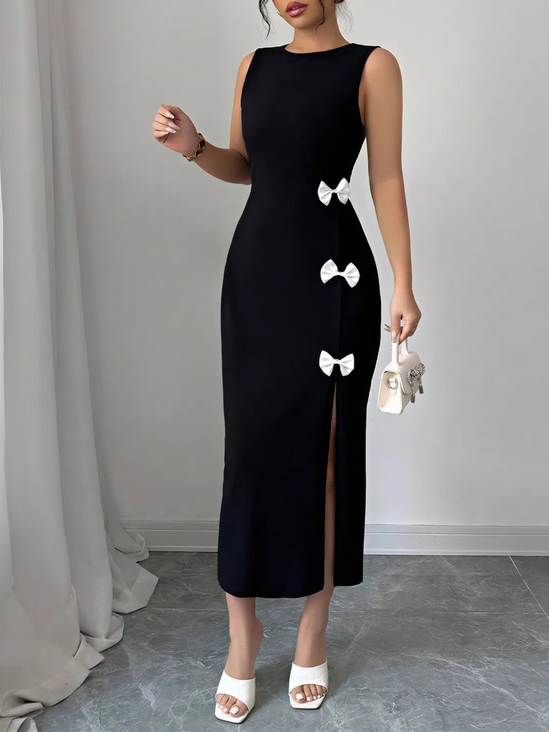 Bow Slit Round Neck Sleeveless Dress - Flip Flop Dynasty