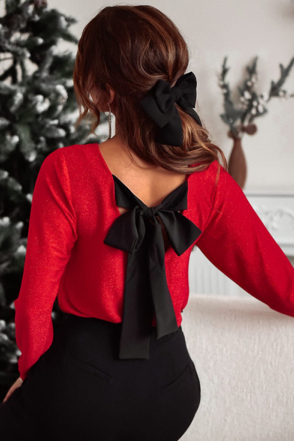 Bowknot V - Neck Long Sleeve Blouse - Flip Flop Dynasty