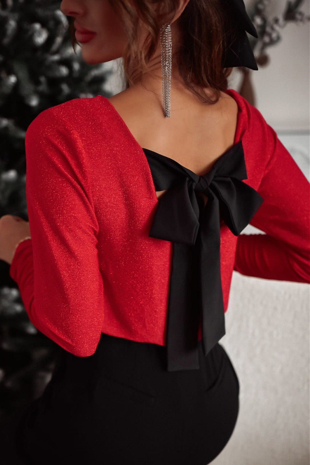 Bowknot V - Neck Long Sleeve Blouse - Flip Flop Dynasty