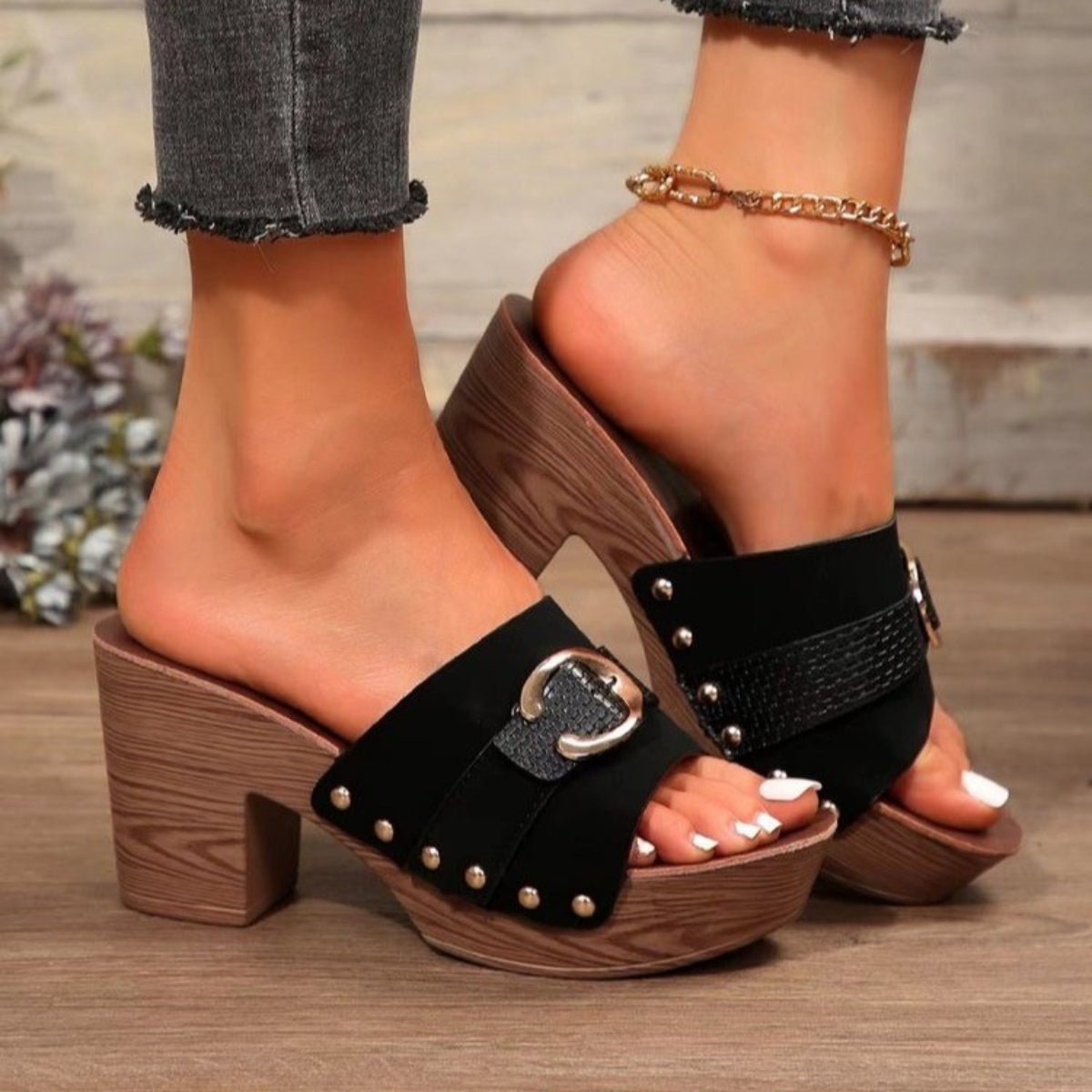 Buckle Trim Block Heel Sandals - Flip Flop Dynasty