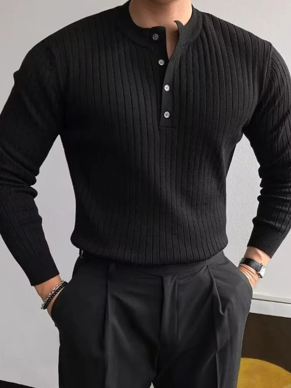 Button Detail Ribbed Long Sleeve Men's Knit Top - Flip Flop Dynasty
