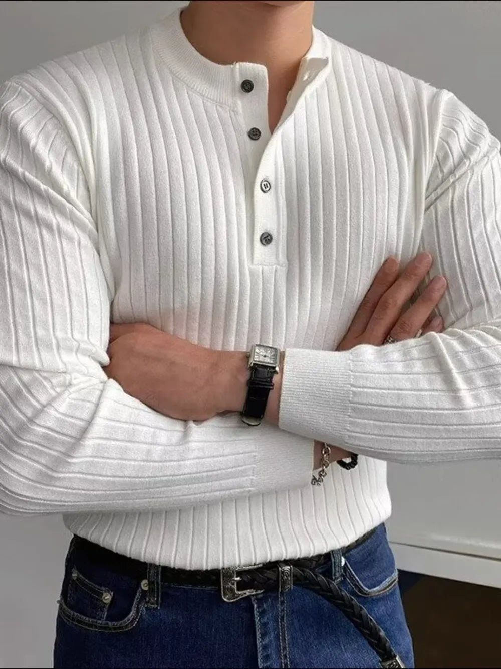 Button Detail Ribbed Long Sleeve Men's Knit Top - Flip Flop Dynasty