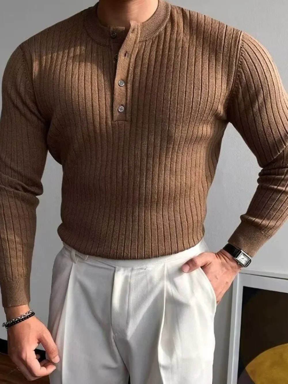 Button Detail Ribbed Long Sleeve Men's Knit Top - Flip Flop Dynasty