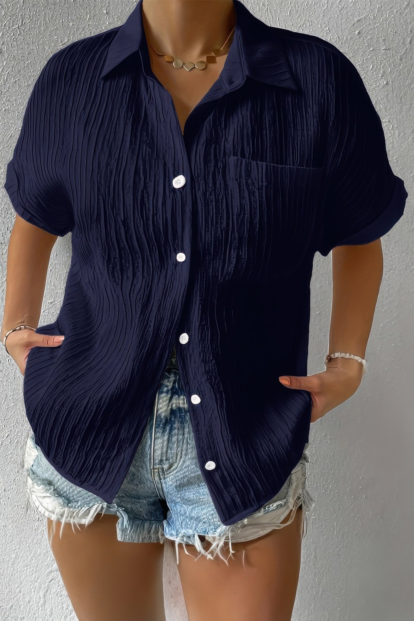 Button Down Lapel Pockets Loose Solid Shirt - Flip Flop Dynasty
