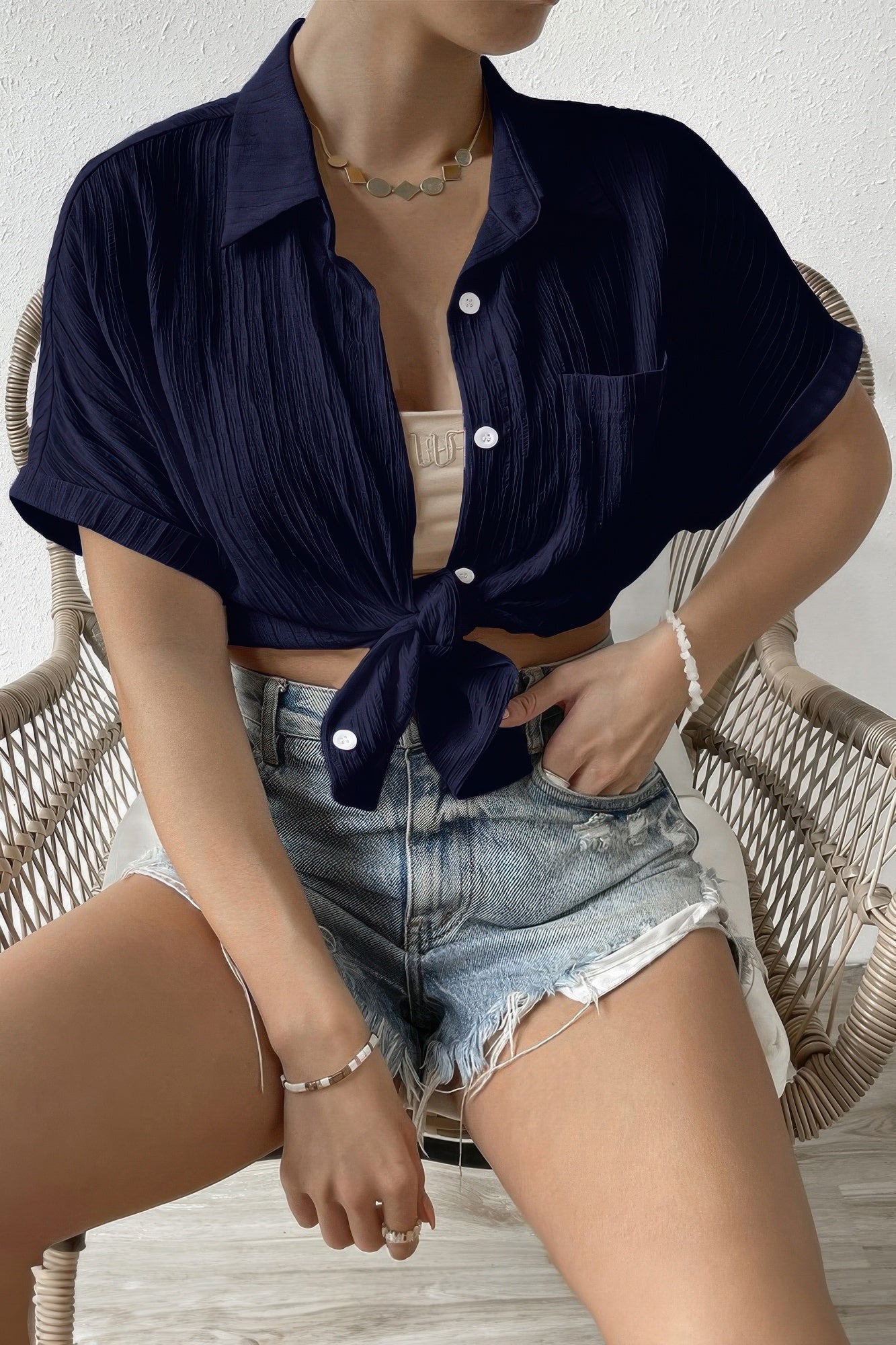 Button Down Lapel Pockets Loose Solid Shirt - Flip Flop Dynasty