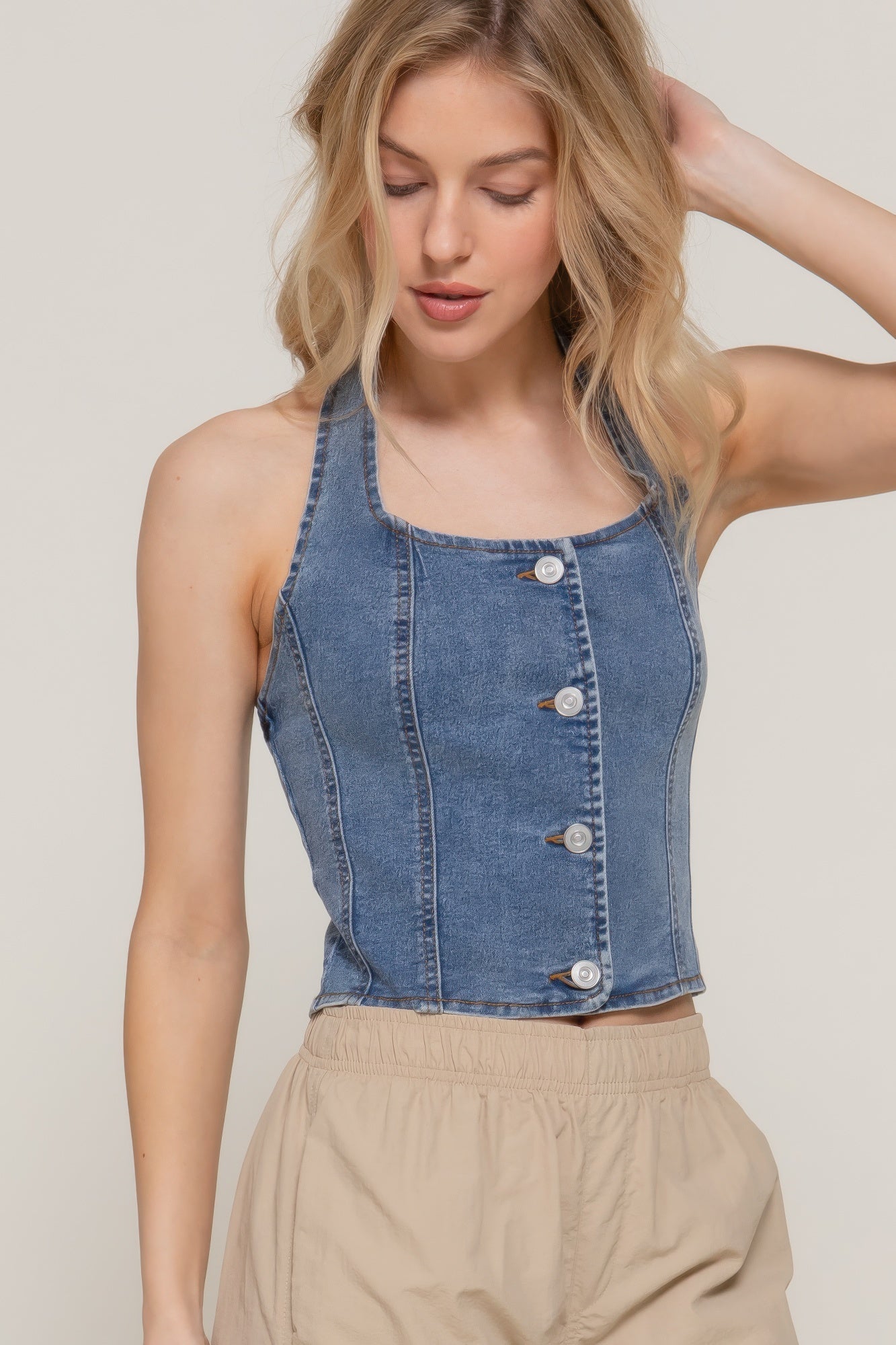 Button Down Stretch Denim Halter Top - Flip Flop Dynasty