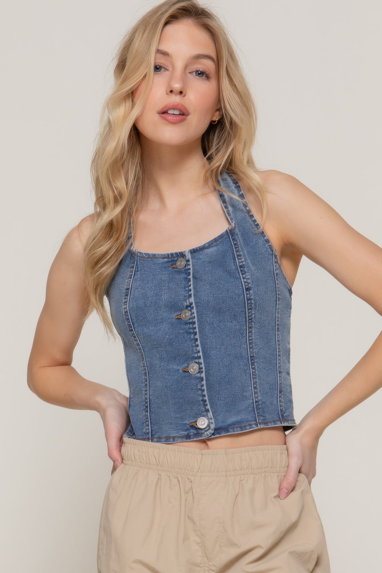 Button Down Stretch Denim Halter Top - Flip Flop Dynasty