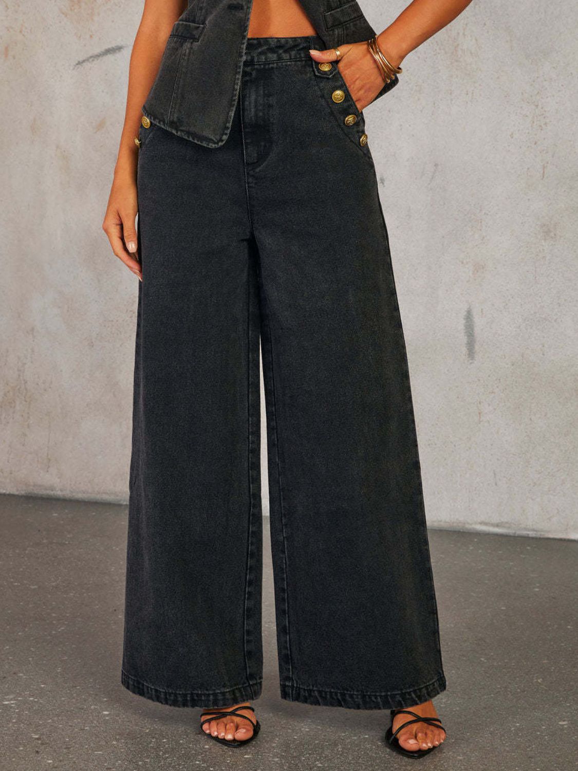 Button Down Vest and Wide Leg Jeans Denim Set - Flip Flop Dynasty