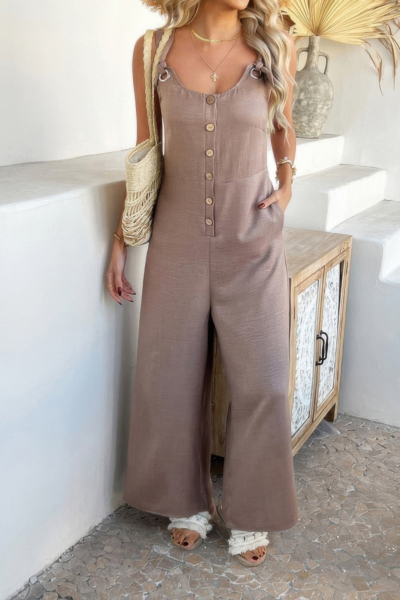 Button Front Knotted Strap Wide Leg Jumpsuit - Flip Flop Dynasty