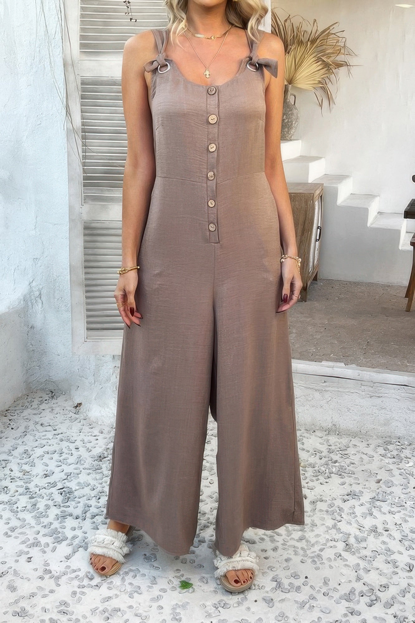 Button Front Knotted Strap Wide Leg Jumpsuit - Flip Flop Dynasty