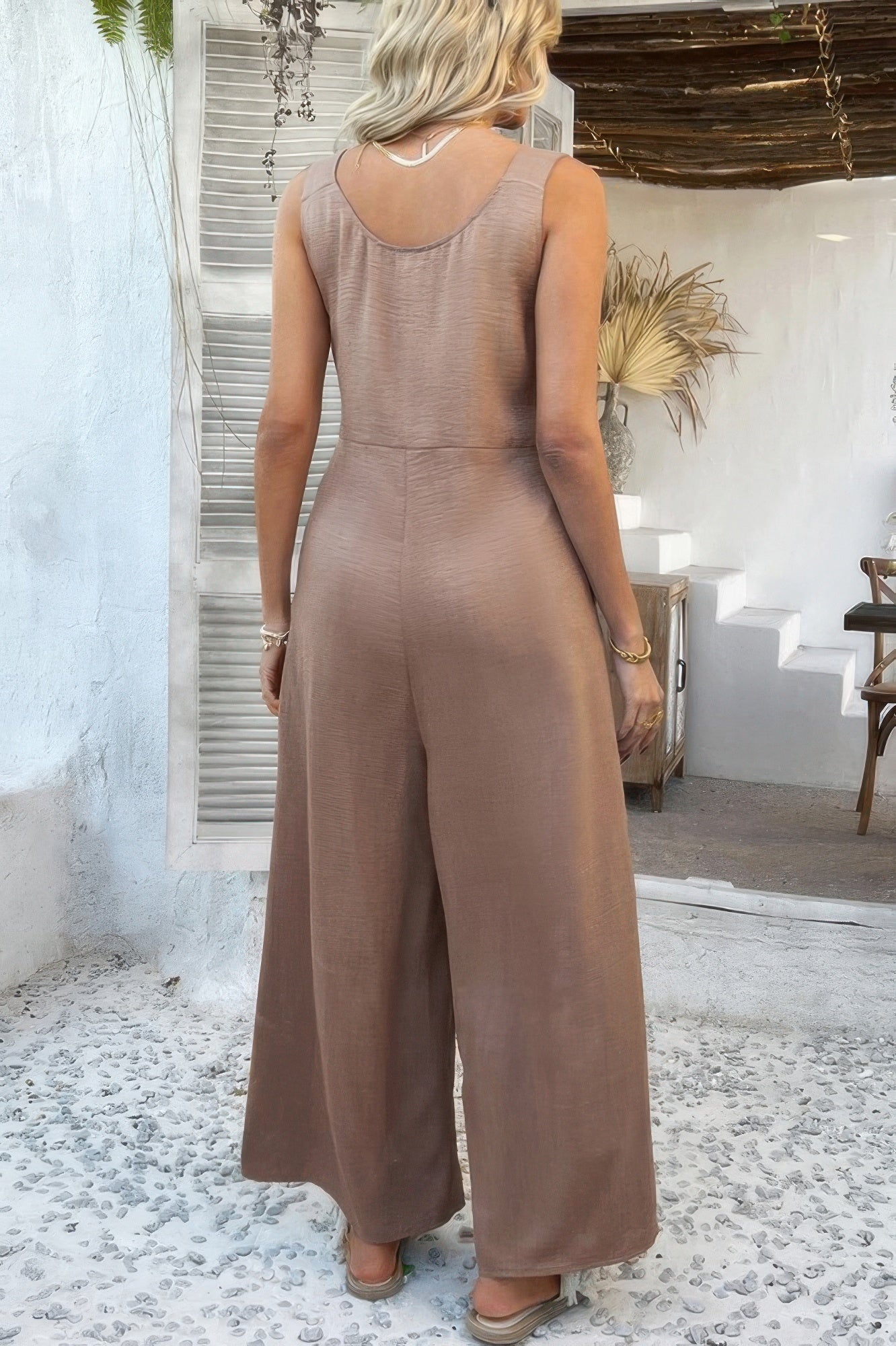 Button Front Knotted Strap Wide Leg Jumpsuit - Flip Flop Dynasty