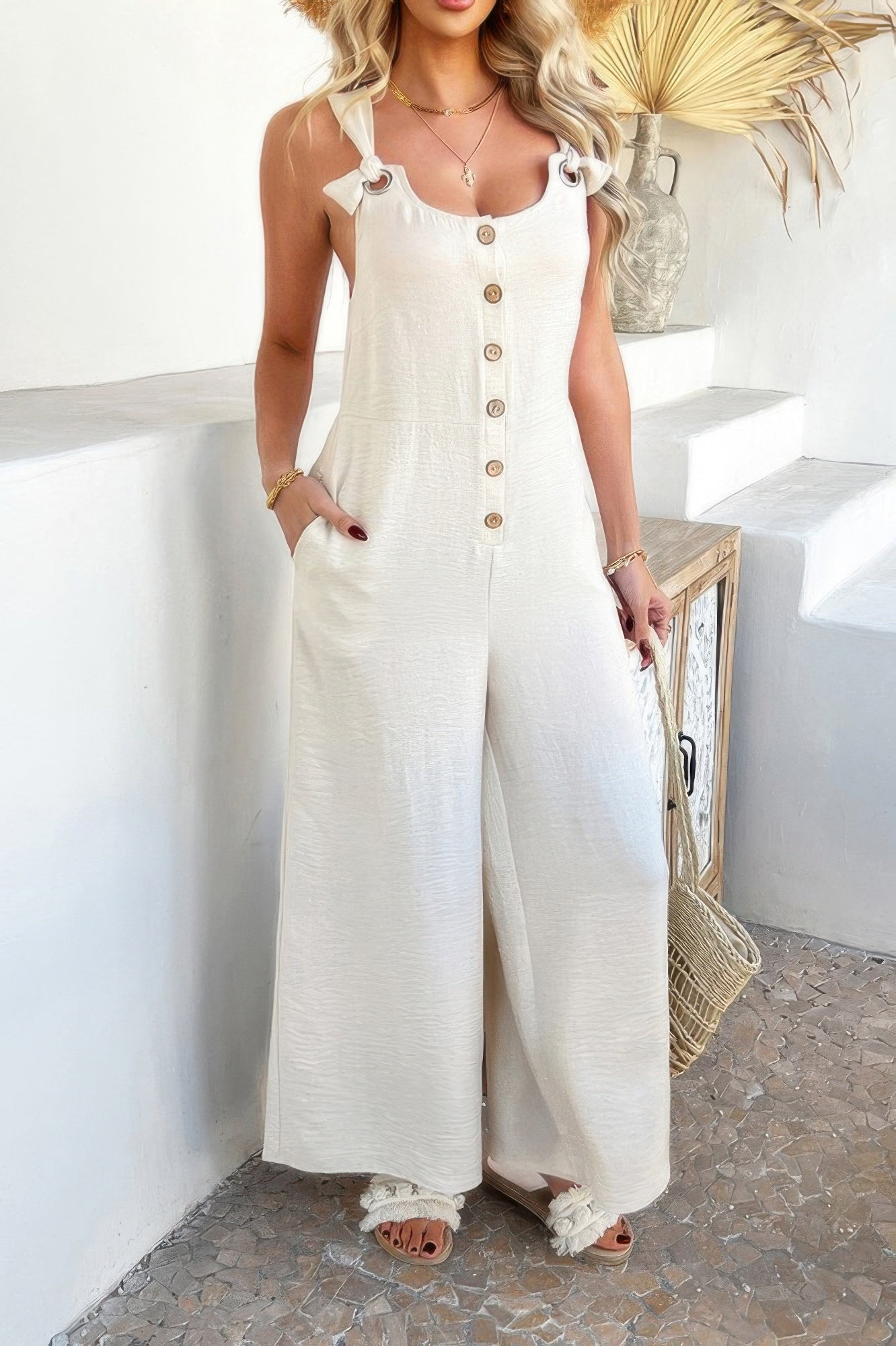 Button Front Knotted Strap Wide Leg Jumpsuit - Flip Flop Dynasty