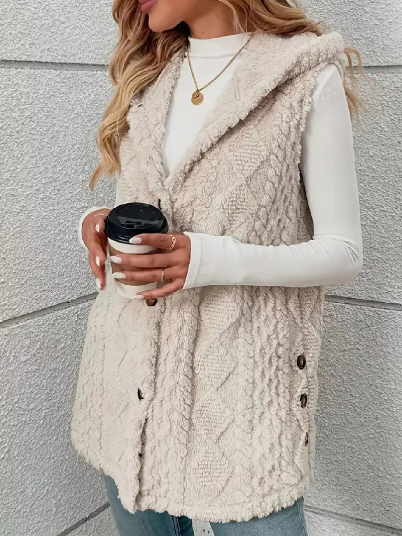 Button Up Plush Hooded Vest Coat - Flip Flop Dynasty