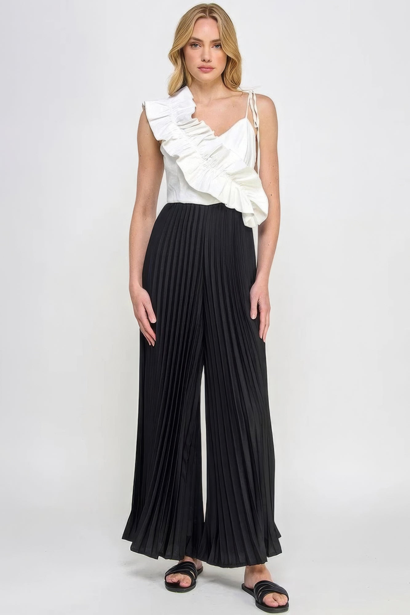 Cami Asymmetrical Ruffle Detail Pleated Bottom Jumpsuit - Flip Flop Dynasty