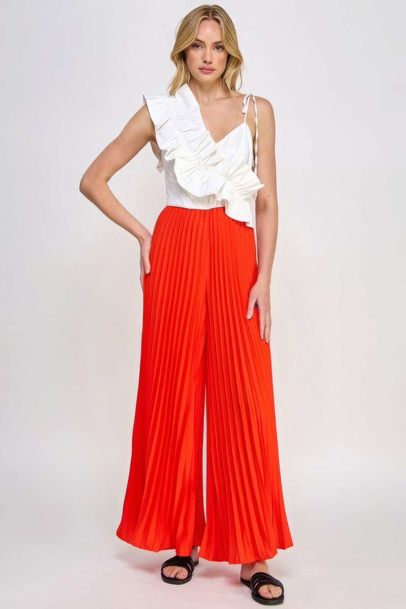 Cami Asymmetrical Ruffle Detail Pleated Bottom Jumpsuit - Flip Flop Dynasty
