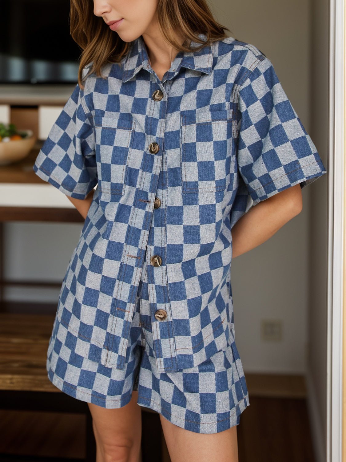 Checkered Button Up Half Sleeve Top and Shorts Set - Flip Flop Dynasty