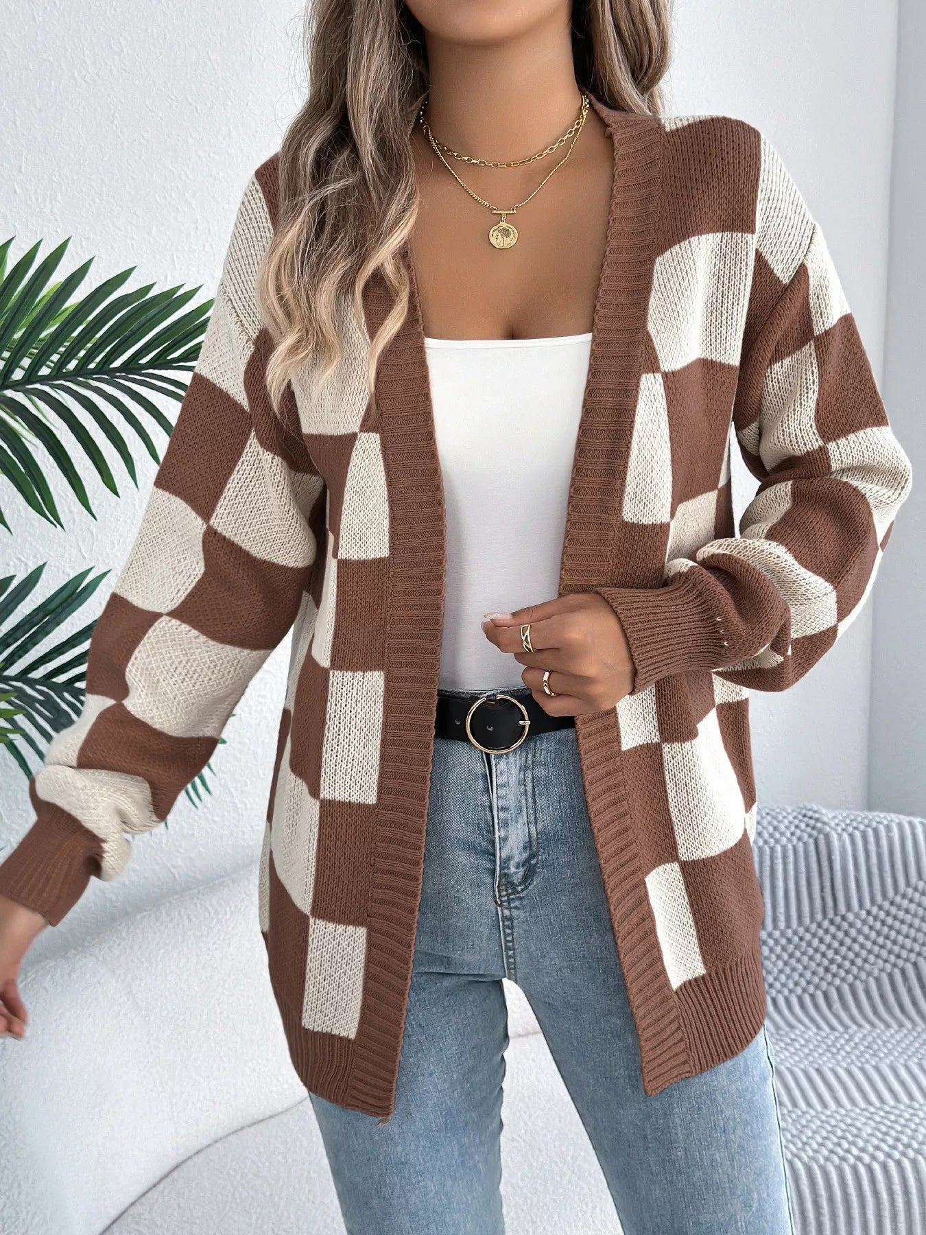 Checkered Pattern Open Front Cardigan - Flip Flop Dynasty