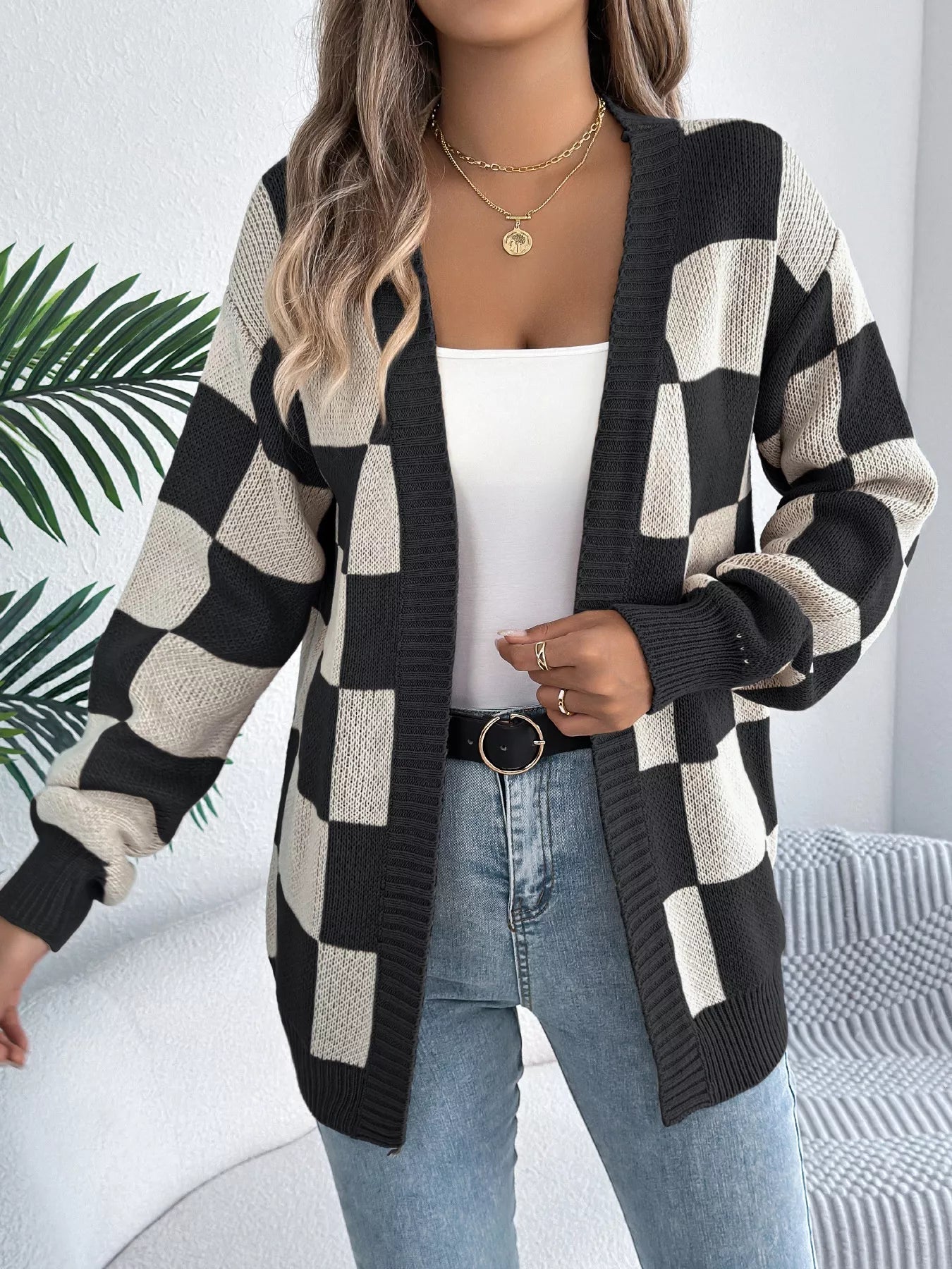 Checkered Pattern Open Front Cardigan - Flip Flop Dynasty