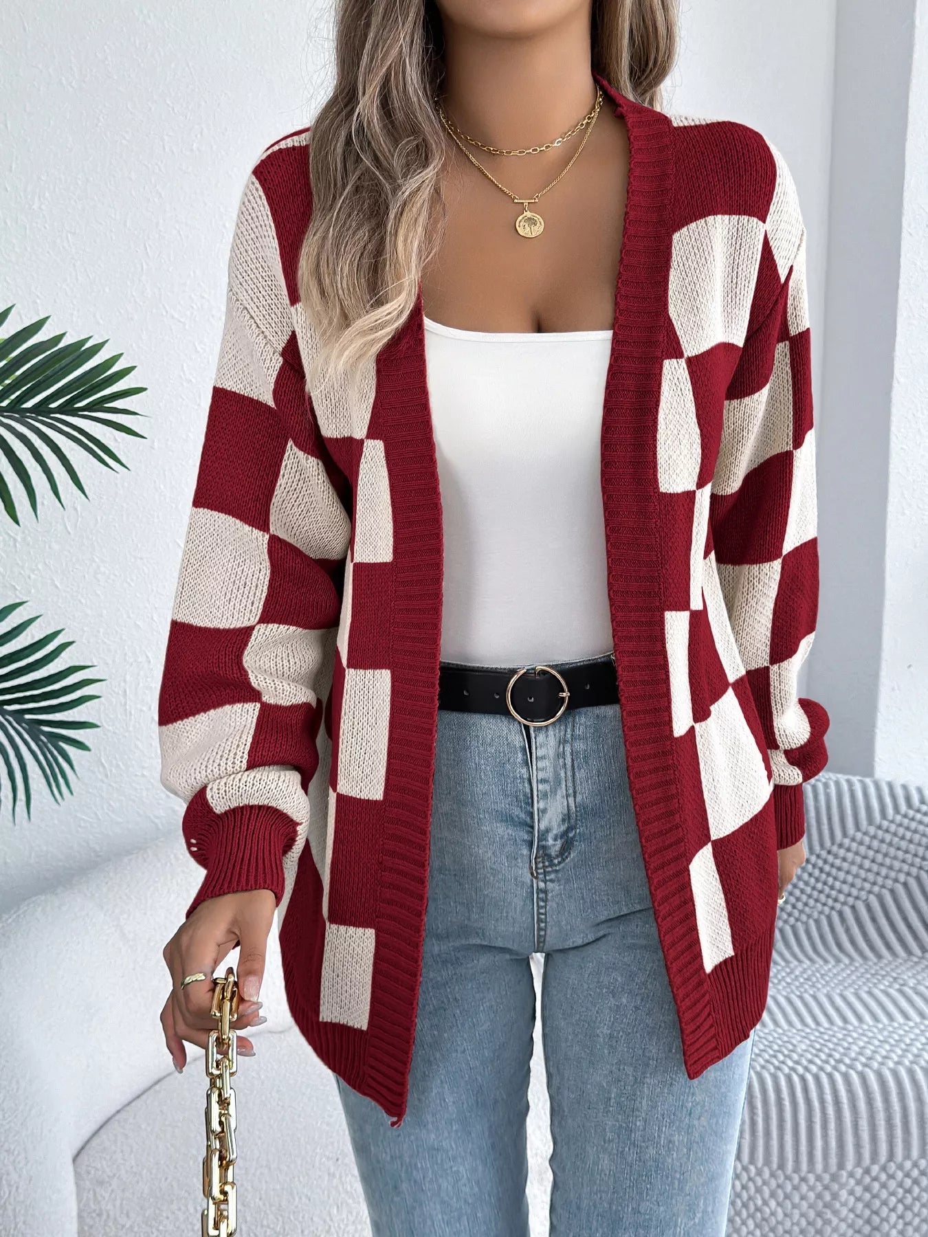 Checkered Pattern Open Front Cardigan - Flip Flop Dynasty