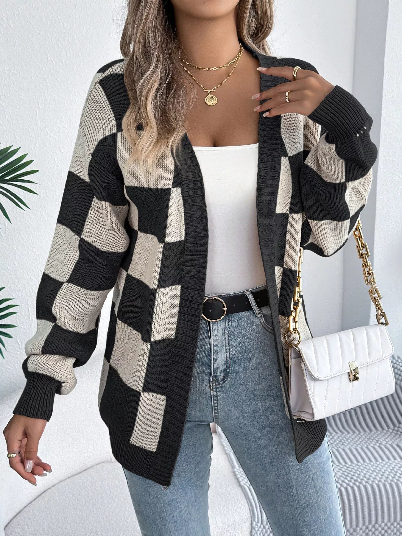 Checkered Pattern Open Front Cardigan - Flip Flop Dynasty