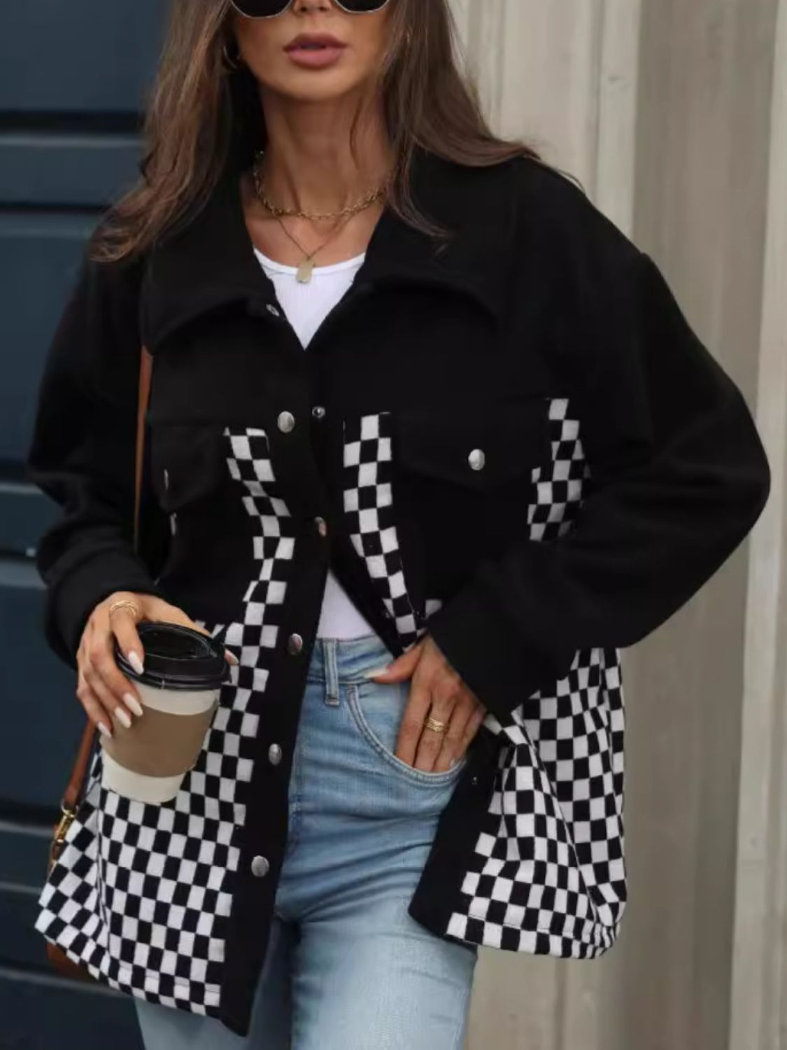 Checkered Snap Down Long Sleeve Jacket - Flip Flop Dynasty