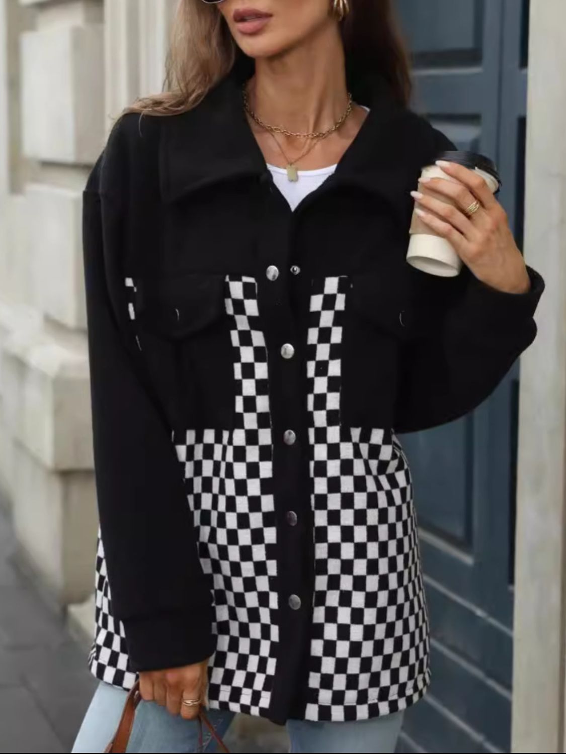 Checkered Snap Down Long Sleeve Jacket - Flip Flop Dynasty