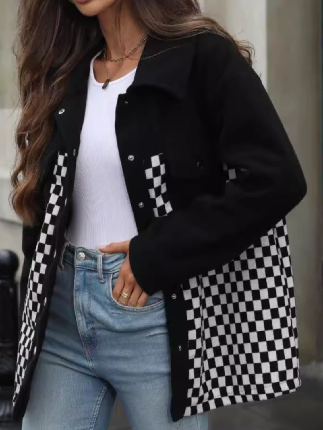 Checkered Snap Down Long Sleeve Jacket - Flip Flop Dynasty