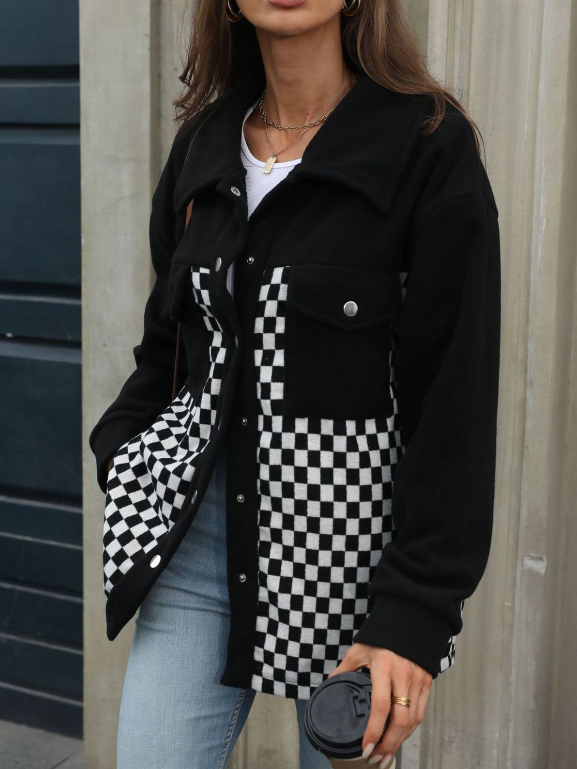 Checkered Snap Down Long Sleeve Jacket - Flip Flop Dynasty