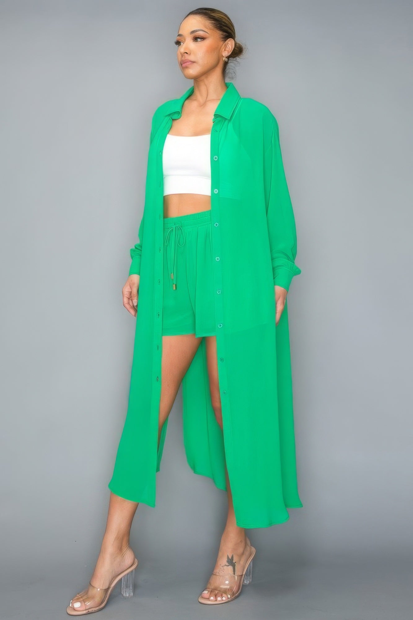 Chiffon Button Down Long Sleeve Side Slit Long Top With Short Set - Flip Flop Dynasty