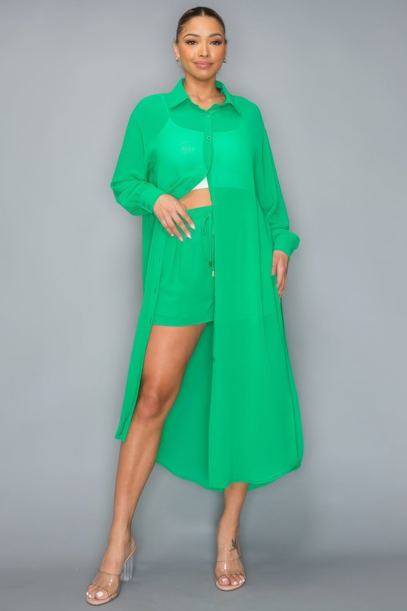 Chiffon Button Down Long Sleeve Side Slit Long Top With Short Set - Flip Flop Dynasty
