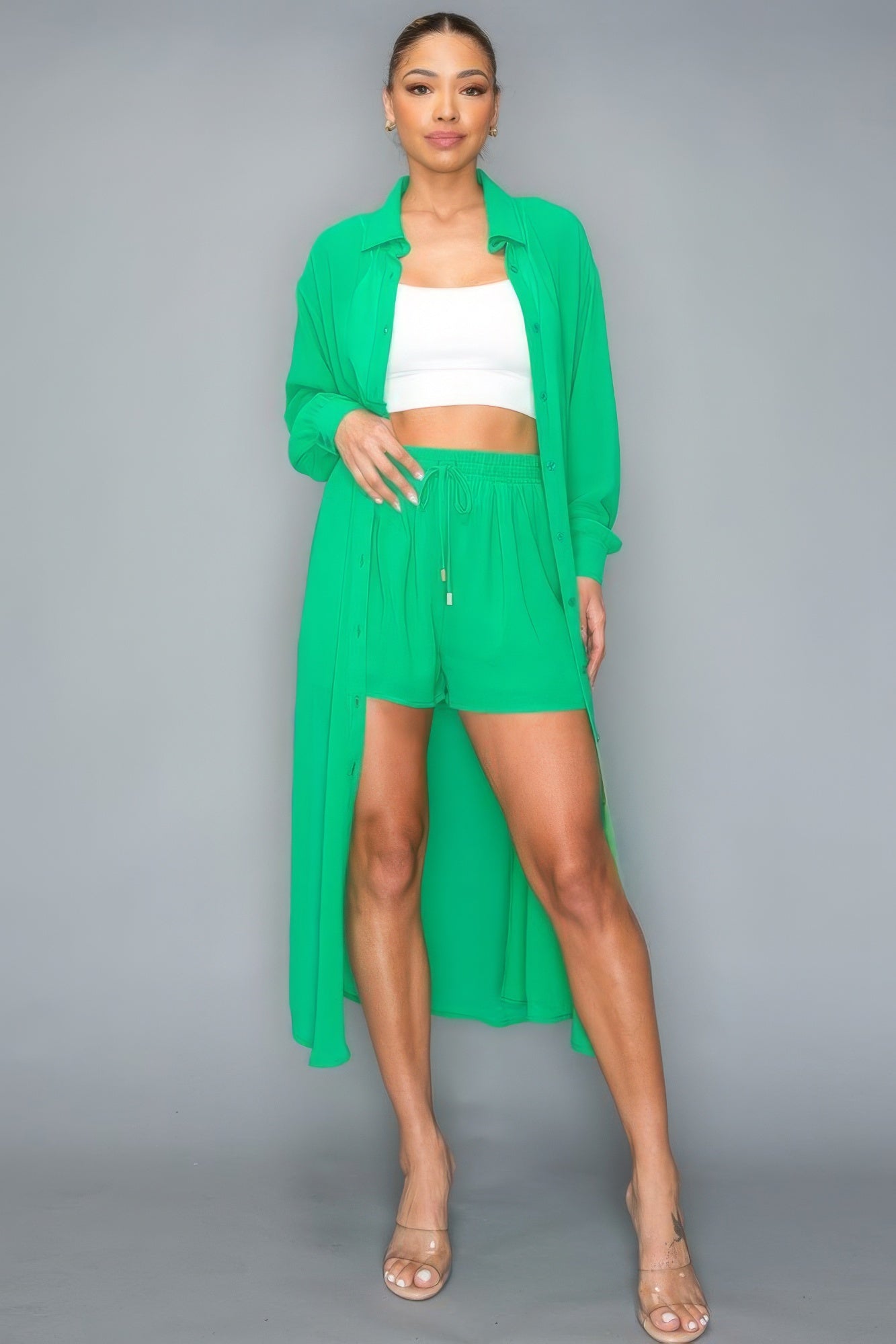 Chiffon Button Down Long Sleeve Side Slit Long Top With Short Set - Flip Flop Dynasty