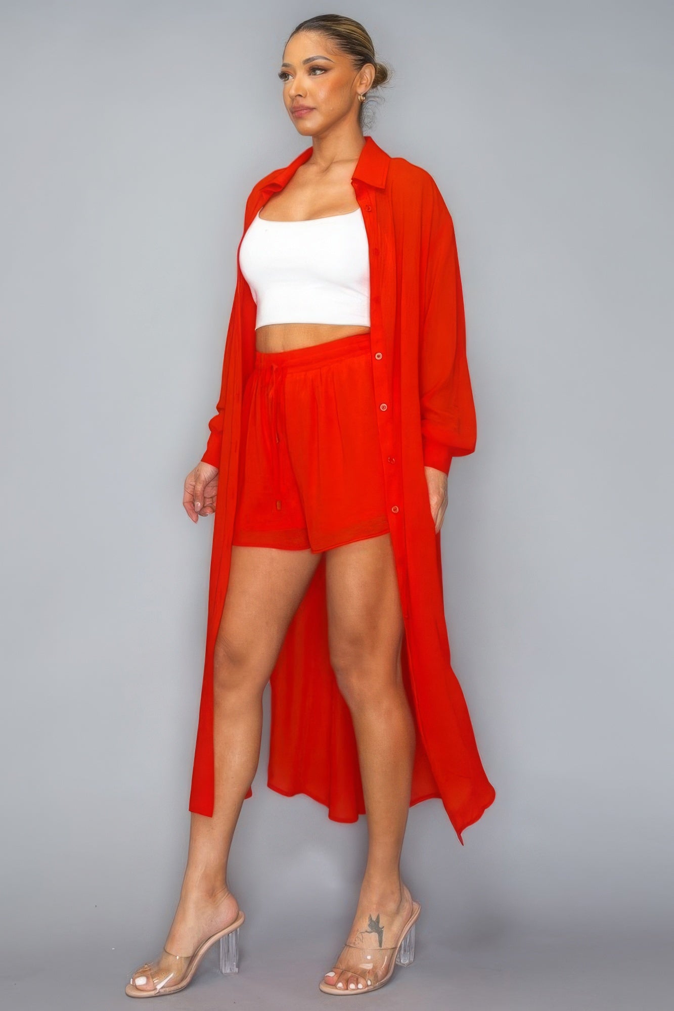 Chiffon Button Down Long Sleeve Side Slit Long Top With Short Set - Flip Flop Dynasty