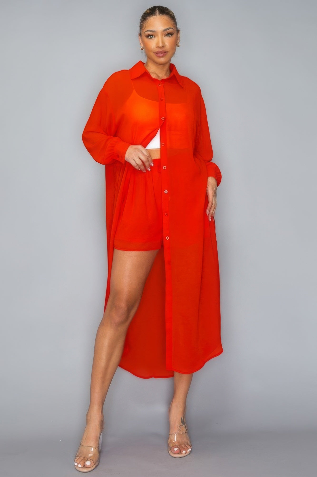 Chiffon Button Down Long Sleeve Side Slit Long Top With Short Set - Flip Flop Dynasty