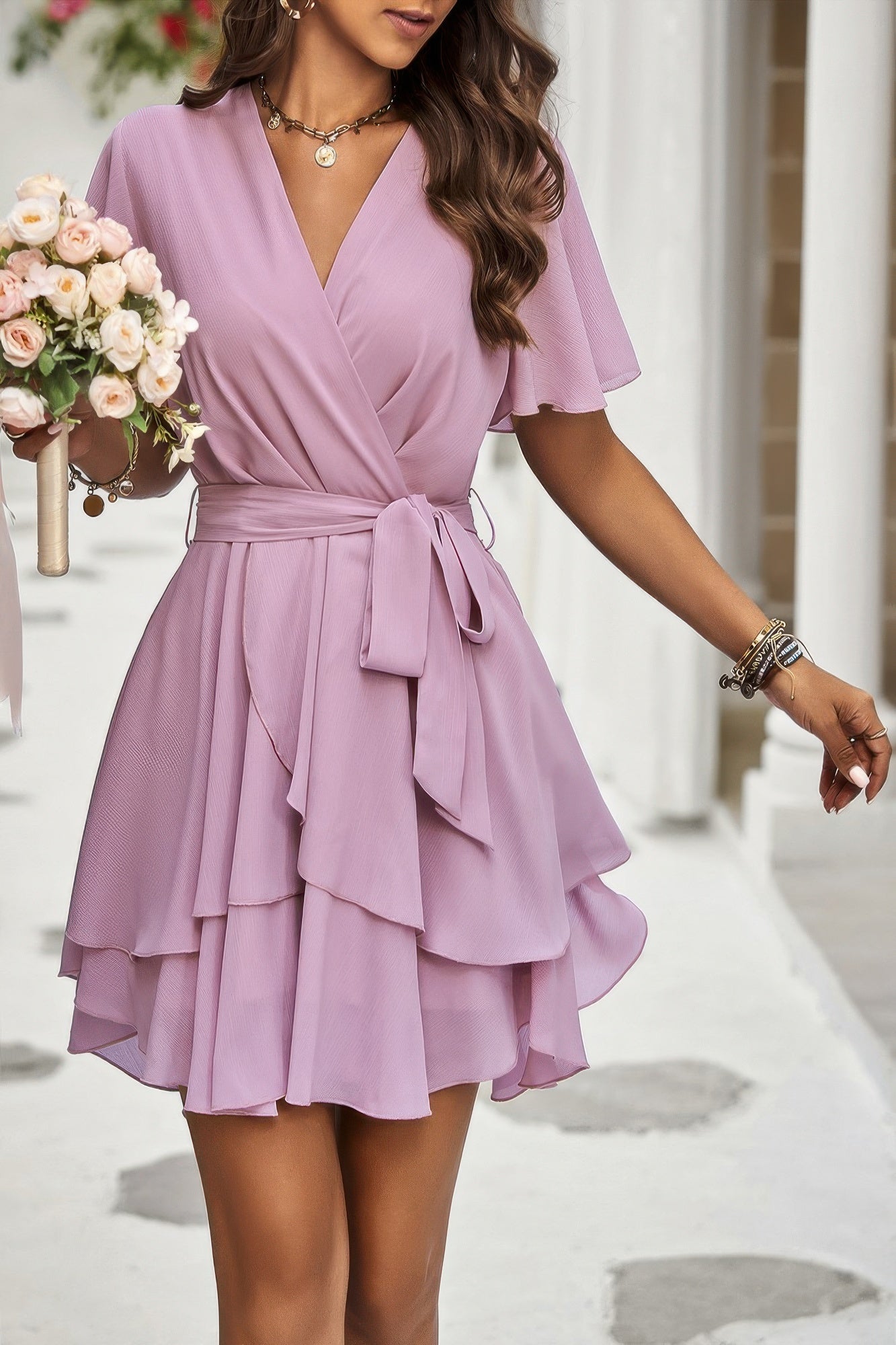Chiffon Layer Hem Waist Tie Layer Hem Ruffle Dress - Flip Flop Dynasty