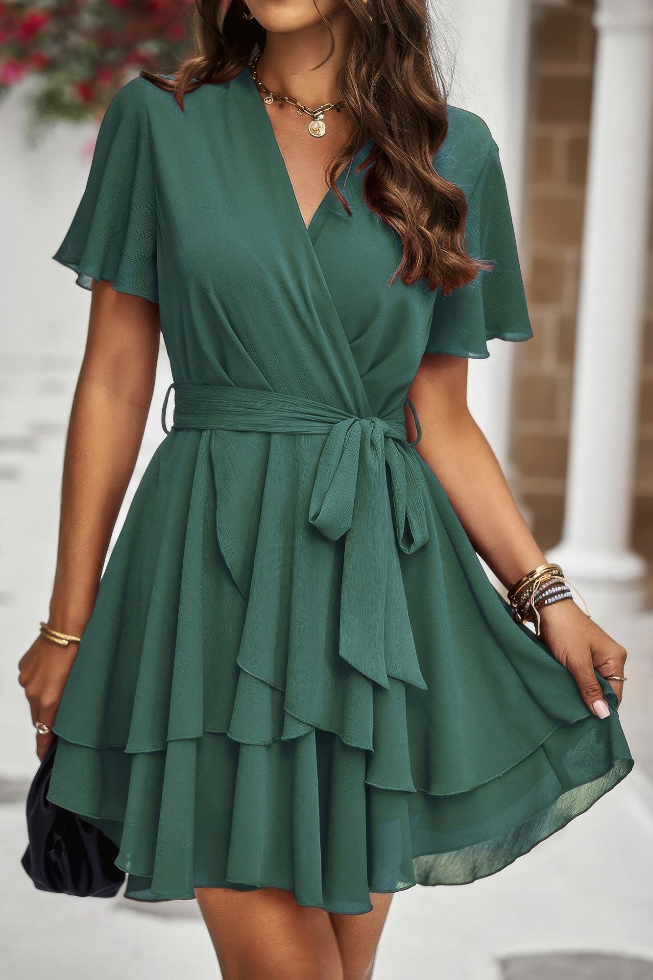 Chiffon Layer Hem Waist Tie Layer Hem Ruffle Dress - Flip Flop Dynasty
