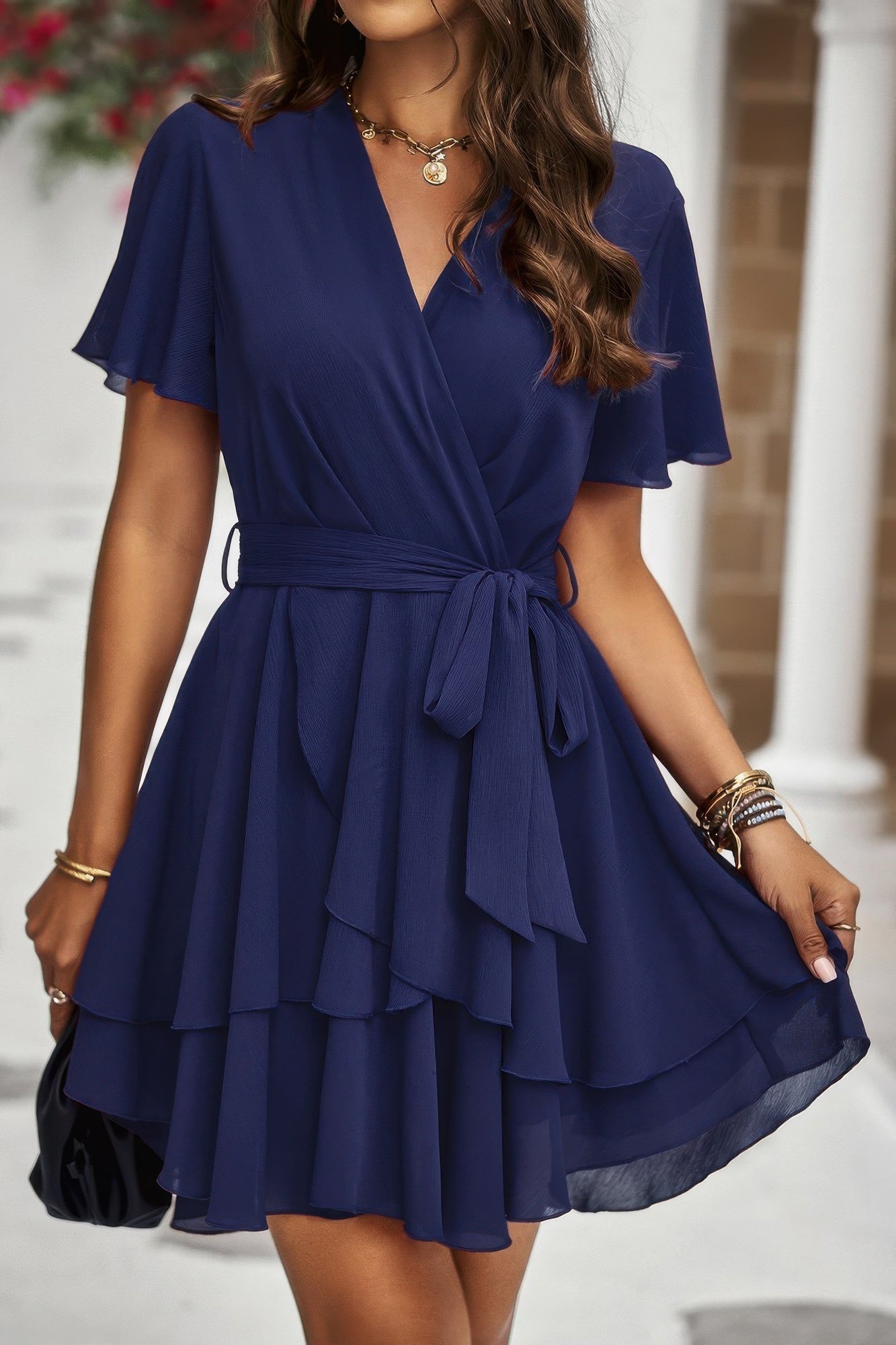 Chiffon Layer Hem Waist Tie Layer Hem Ruffle Dress - Flip Flop Dynasty