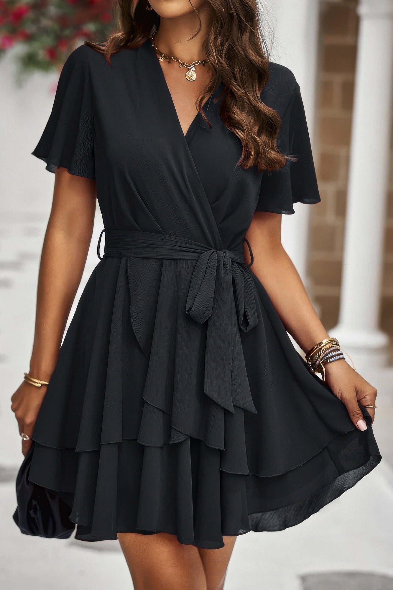 Chiffon Layer Hem Waist Tie Layer Hem Ruffle Dress - Flip Flop Dynasty