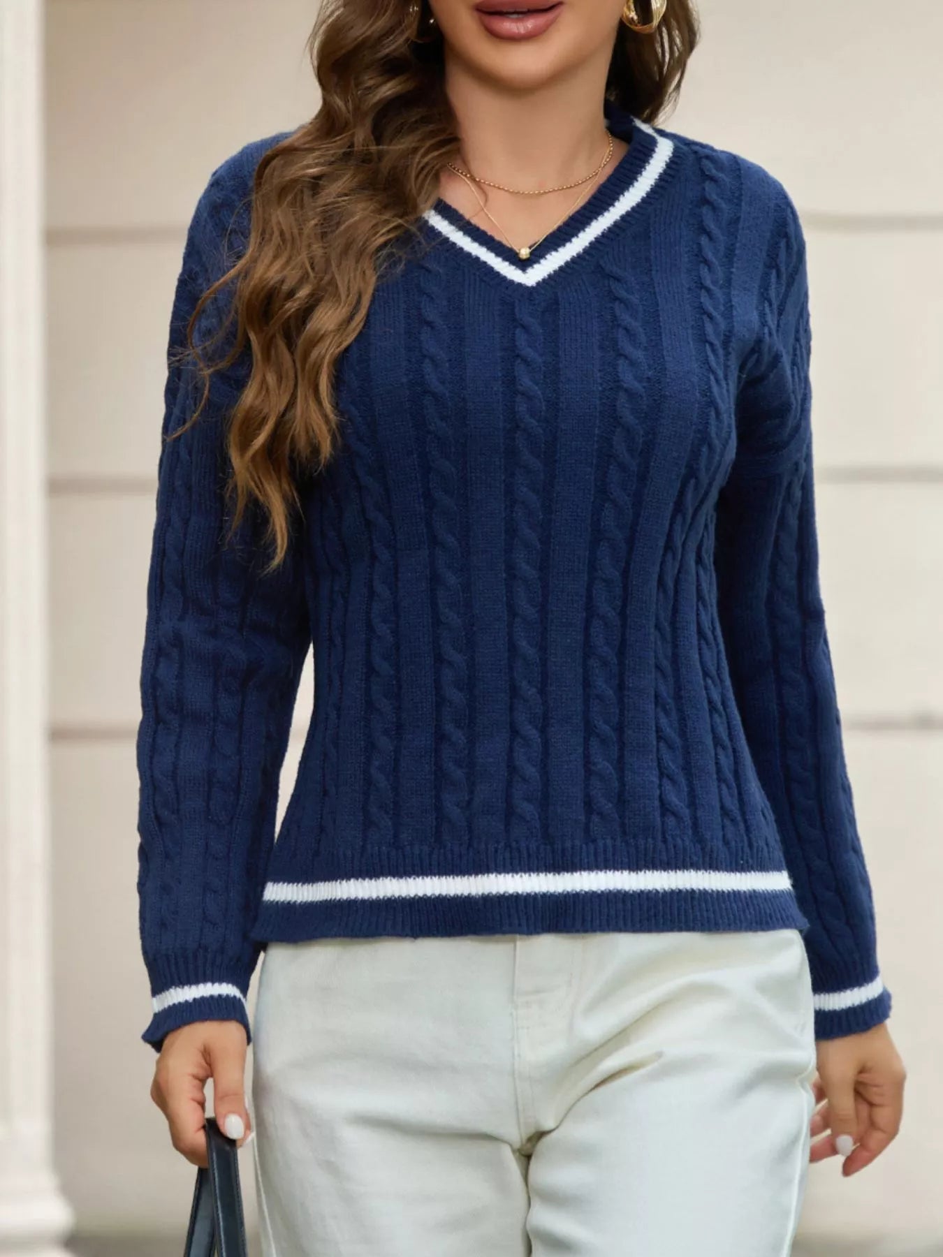Classic Cable Knit V - Neck Sweater - Flip Flop Dynasty
