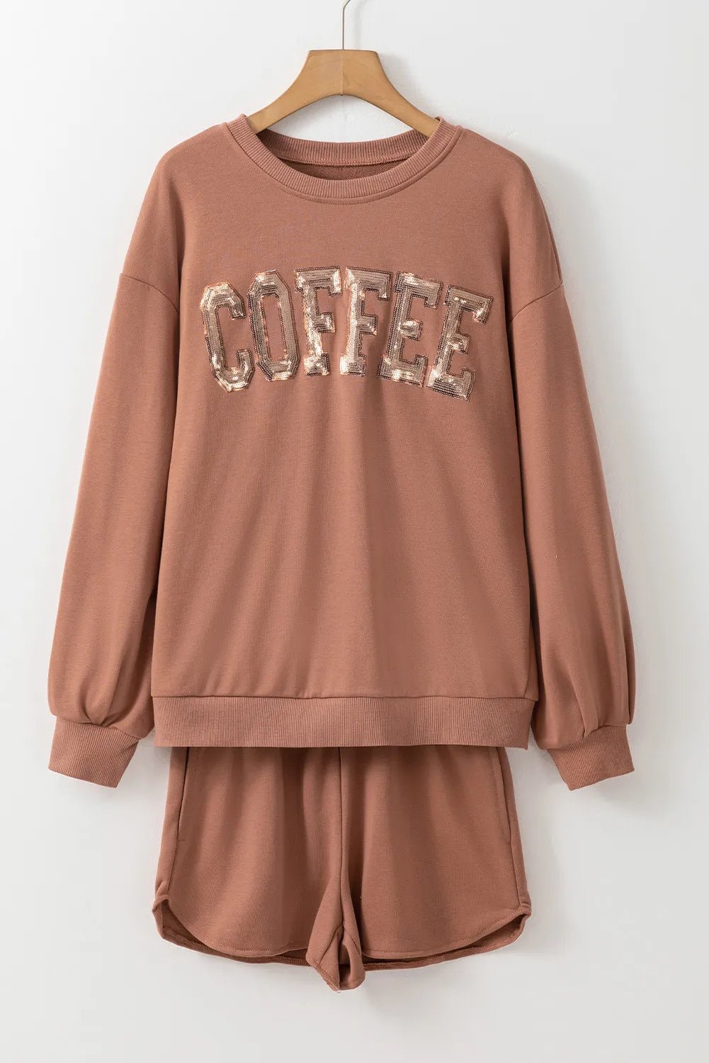 COFFEE Sequin Round Neck Long Sleeve Top and Shorts Set - Flip Flop Dynasty