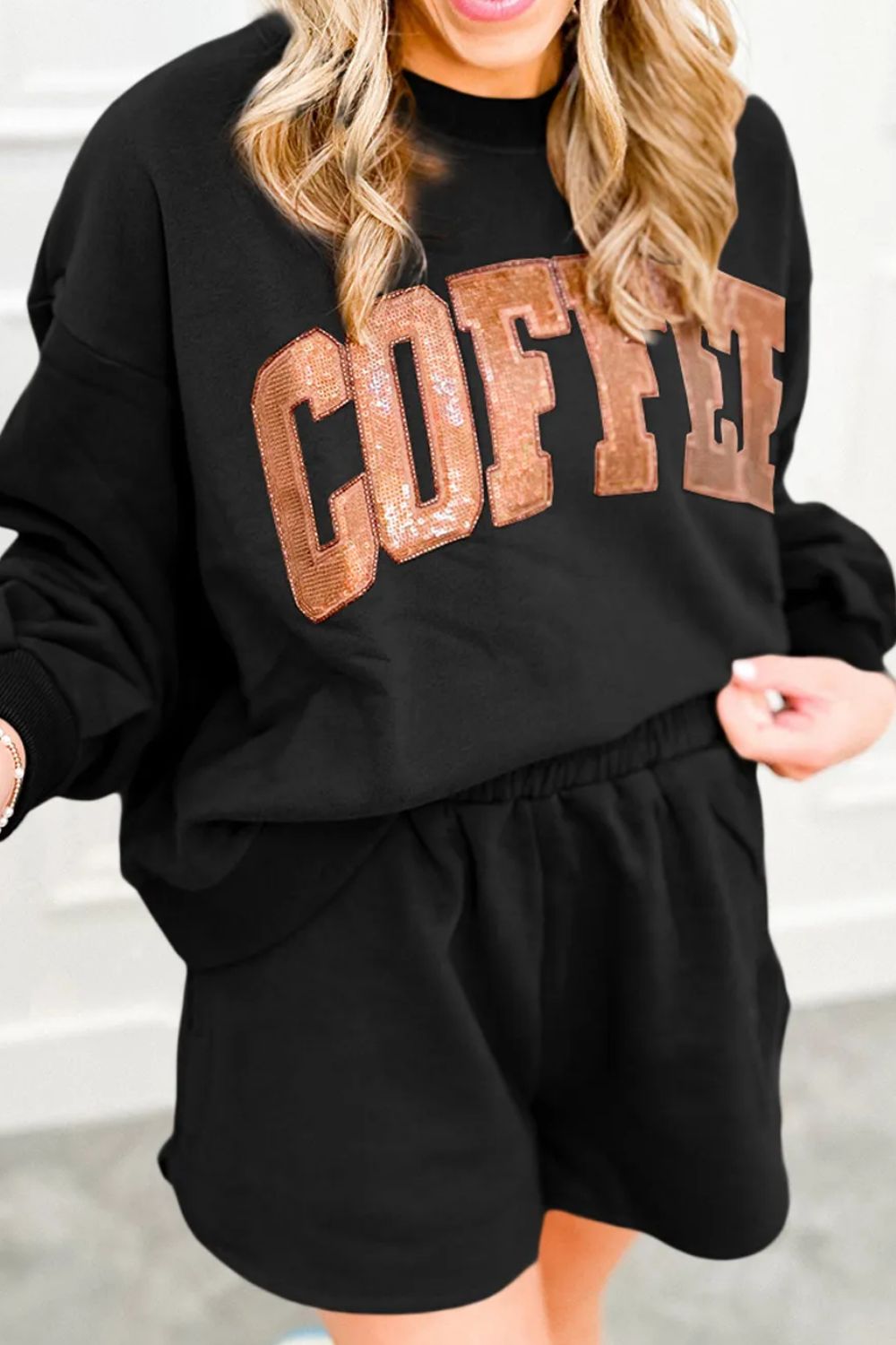 COFFEE Sequin Round Neck Long Sleeve Top and Shorts Set - Flip Flop Dynasty